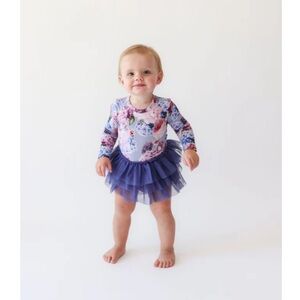 Posh Peanut Floral Long Sleeve Bodysuit w Purple Tulle Skirt in Annie print 3-6